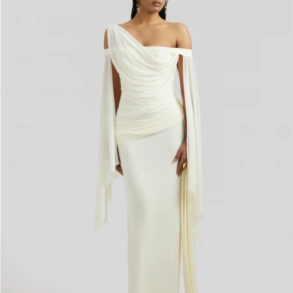 One-Shoulder Ivory Draped Maxi Gown